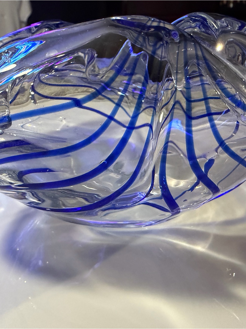 Vintage Handblown Clear Glass Bowl with Cobalt Blue Ribbon Stripes Contemporary